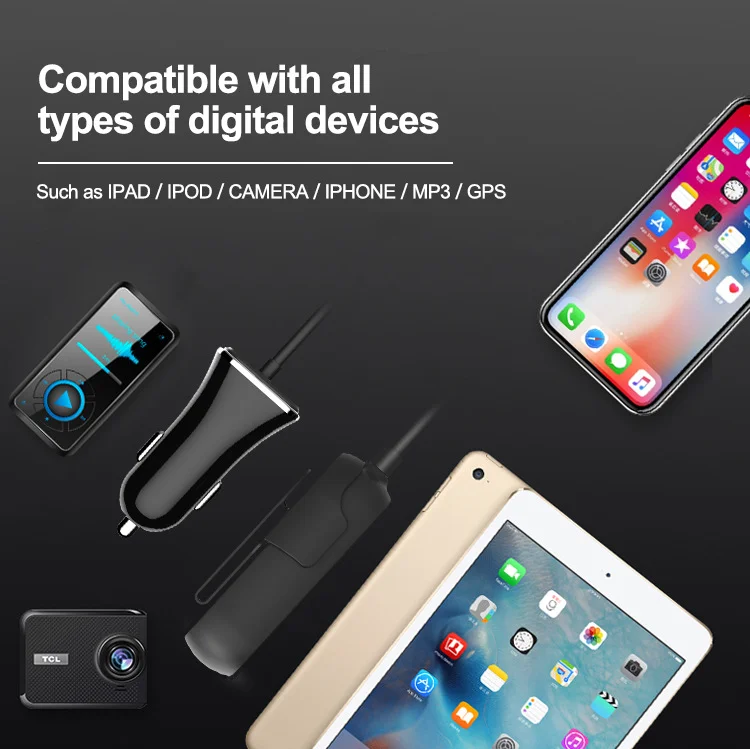 Universal Mobile Phone 2USB Type C PD18W QC3.0 Fast Car Charger 2.4A With Extension Cable
