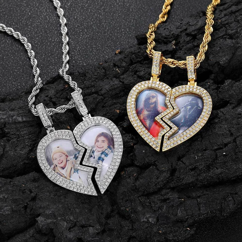 High Quality Hip hop Custom Full CZ 18k Gold plated Iced Out Magnet broken heart photo couple pendant necklace
