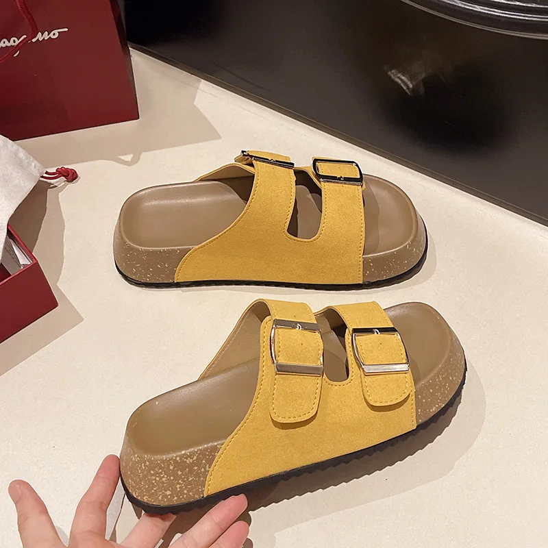 Summer Retro Belt Buckle Flats Slippers Fashion Outdoor Comfort Peep Toe Casual Sandals Women Sequin Sandal