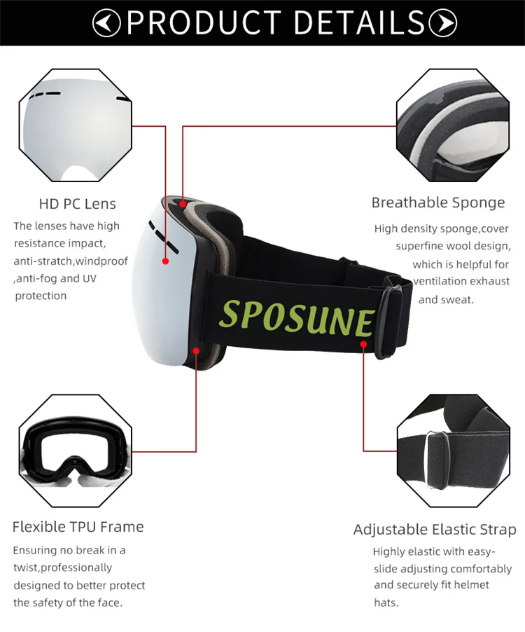  Оптовая продажа быстрая доставка унисекс очки для сноуборда Sposune лыж с логотипом на заказ 