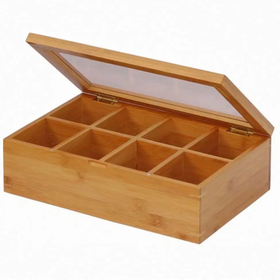 2022 Amazon Hot Sale Natural 8 Compartments Bamboo Tea Bag Storage Box Organizer