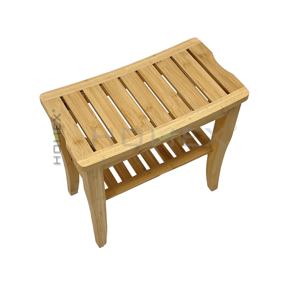 Bamboo Shower Bench, Spa Bath Seat Stool with 2-Tier Storage Shelf Wooden Shower Spa Chair Seat