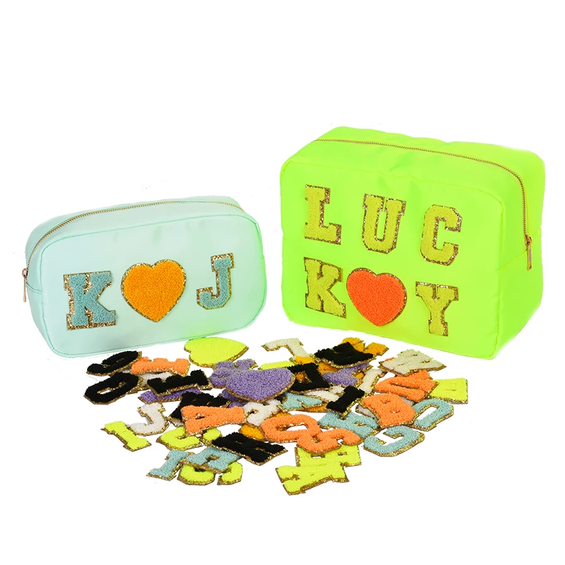 kaijie Personalized  Makeup Bag In S/M/L/XL logo  Custom Personalised Cute Chenille Letters Classic Large Nylon Zipper Bag For Washing