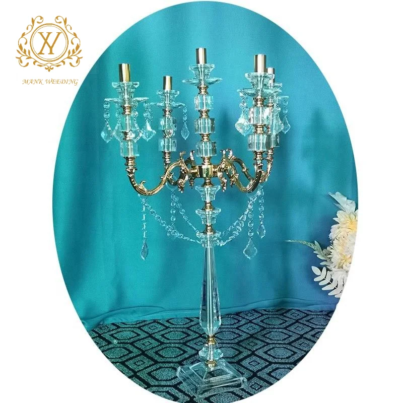 Retro Candelabras Electroplated Golden Crystal Candlestick Tall Metal Wedding Candle Holder for Party Decoration