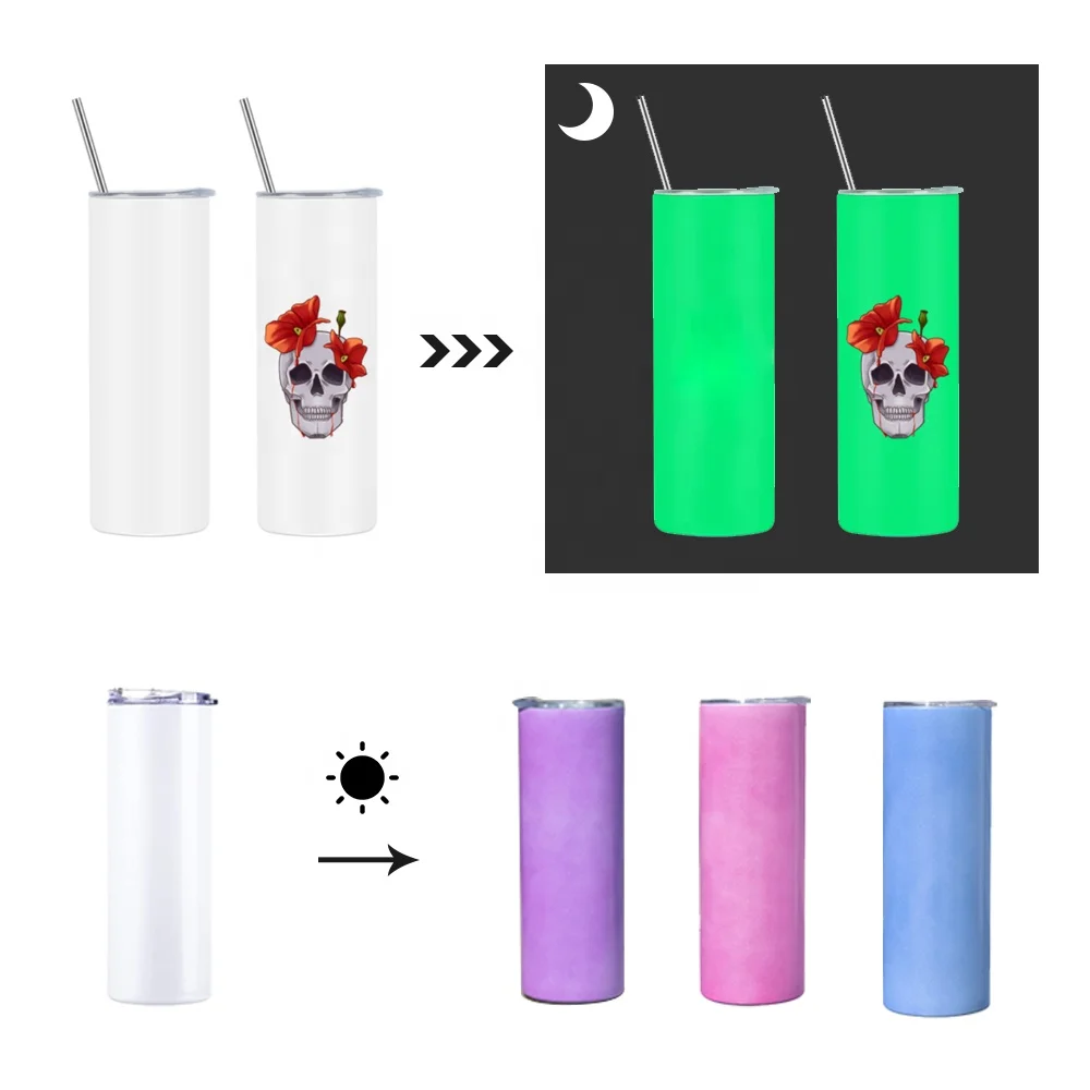wholesale Insulated 20 ounce 20 oz 20oz UV Color Changing Glow In Dark Blank Straight Skinny Sublimation Tumbler Cups In Bulk