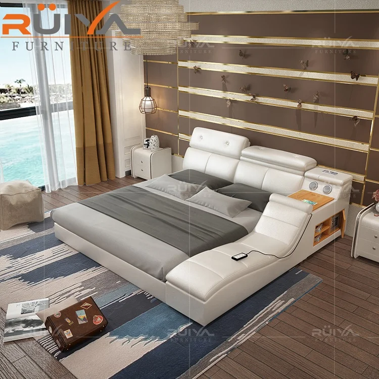 intelligent smart bed Luxury italian bedroom furniture set modern functional king size leather bed with storage
