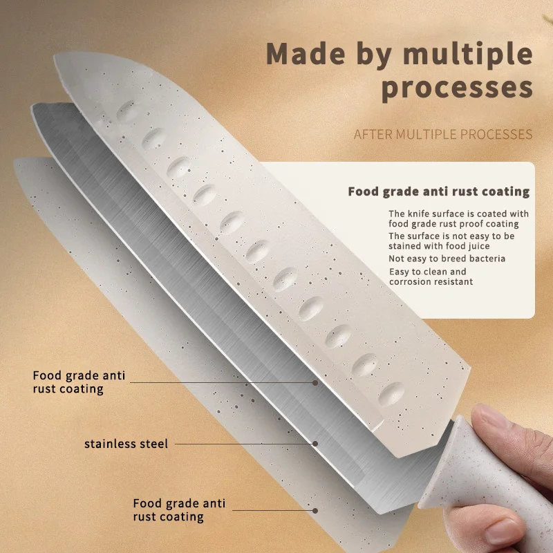 WONDERFUL 6pcs Non-Stick Coating Multi Colourful Chef Kitchen Knife Set Kitchen Meat Cleaver With Wheat Straw Handle