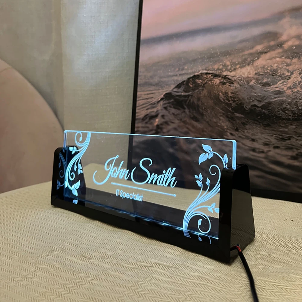 Personalized Lighted Acrylic Nameplate with LED Desk Name Plate with Wooden Base Office Gifts for Boss Coworker Desk Accessories