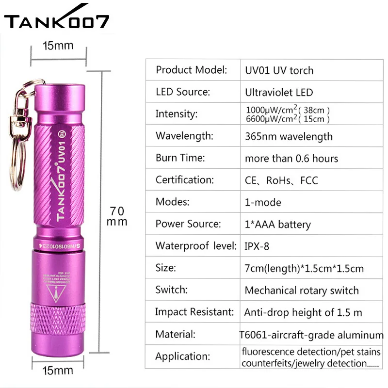 Tank007 custom logo Flashlight as Gift Mini torch Jewelry appraisal uv torch light LED Watch detect 365nm uv flashlight Keychain