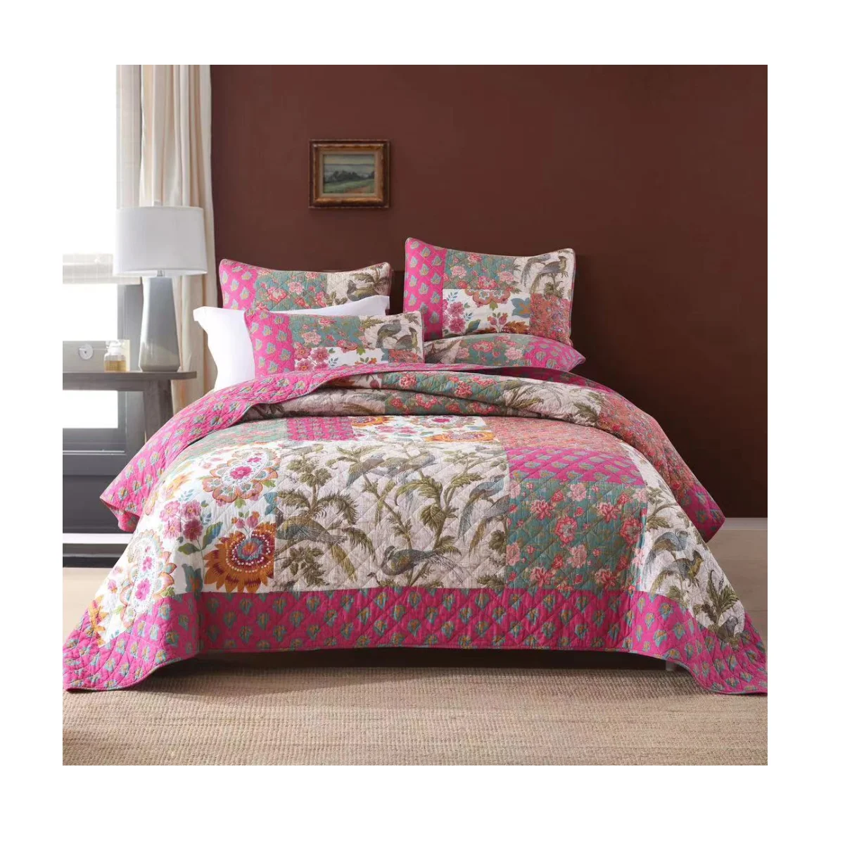 American Style Organic Cotton Handmade Genuine Splicing Montage Bedspread Quilted Set