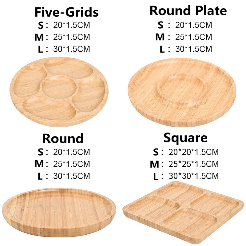 Wholesale bamboo wooden serving trays wholesale food snack fruit plate custom logo round square trays for home kitchen
