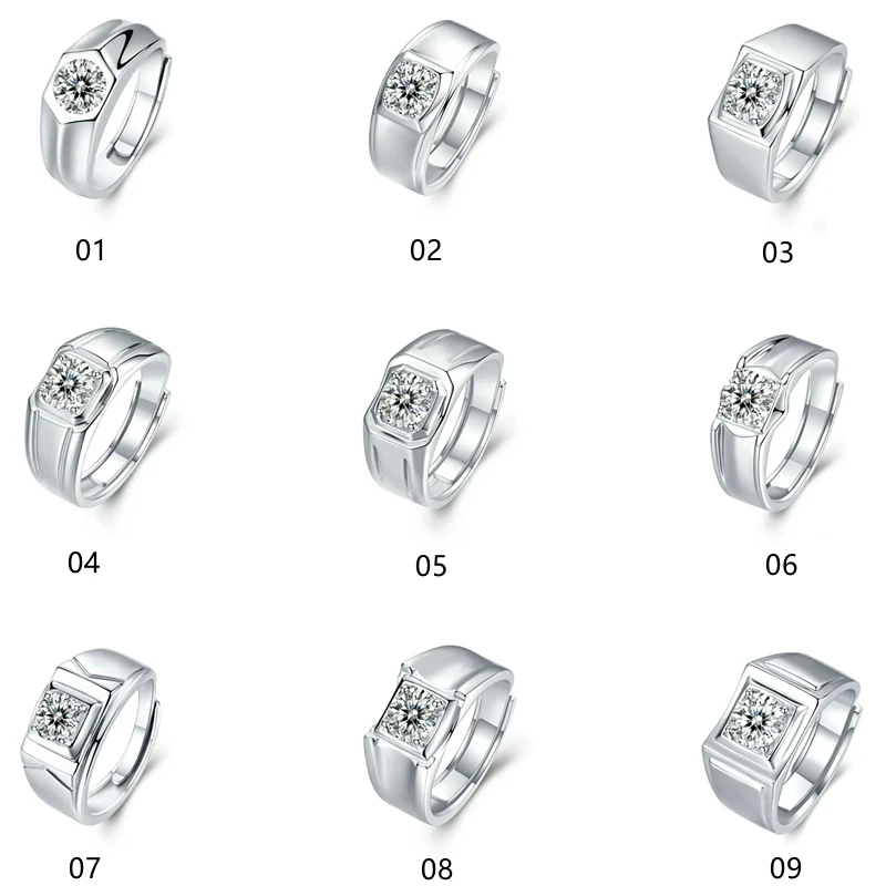 Factory wholesale S925 sterling silver setting round brilliant cut Moissanite diamond men ring size adjustable 4claw style