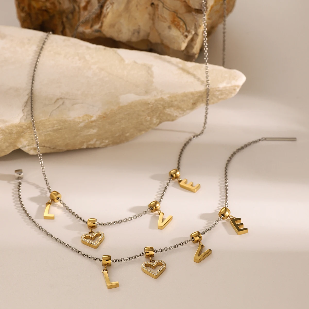 J&D Minimalist 14K Gold Plated Stainless Steel LOVE Pendant Sliding CZ Necklaces For Women 50cm