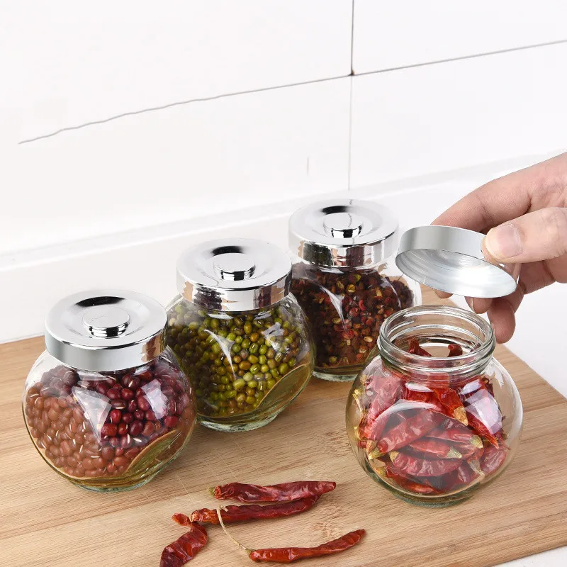 200ml Flat Drum Shape Glass Jar with Plastic/Stainless Steel Lid for Food Groceries Cookies Storage