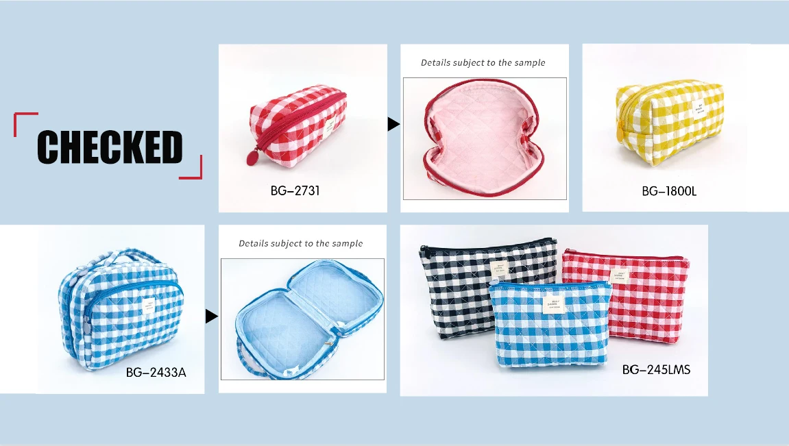Eco-friendly travel make-up bag checked fabric rectangle cosmetic bag custom logo quilted makeup bag
