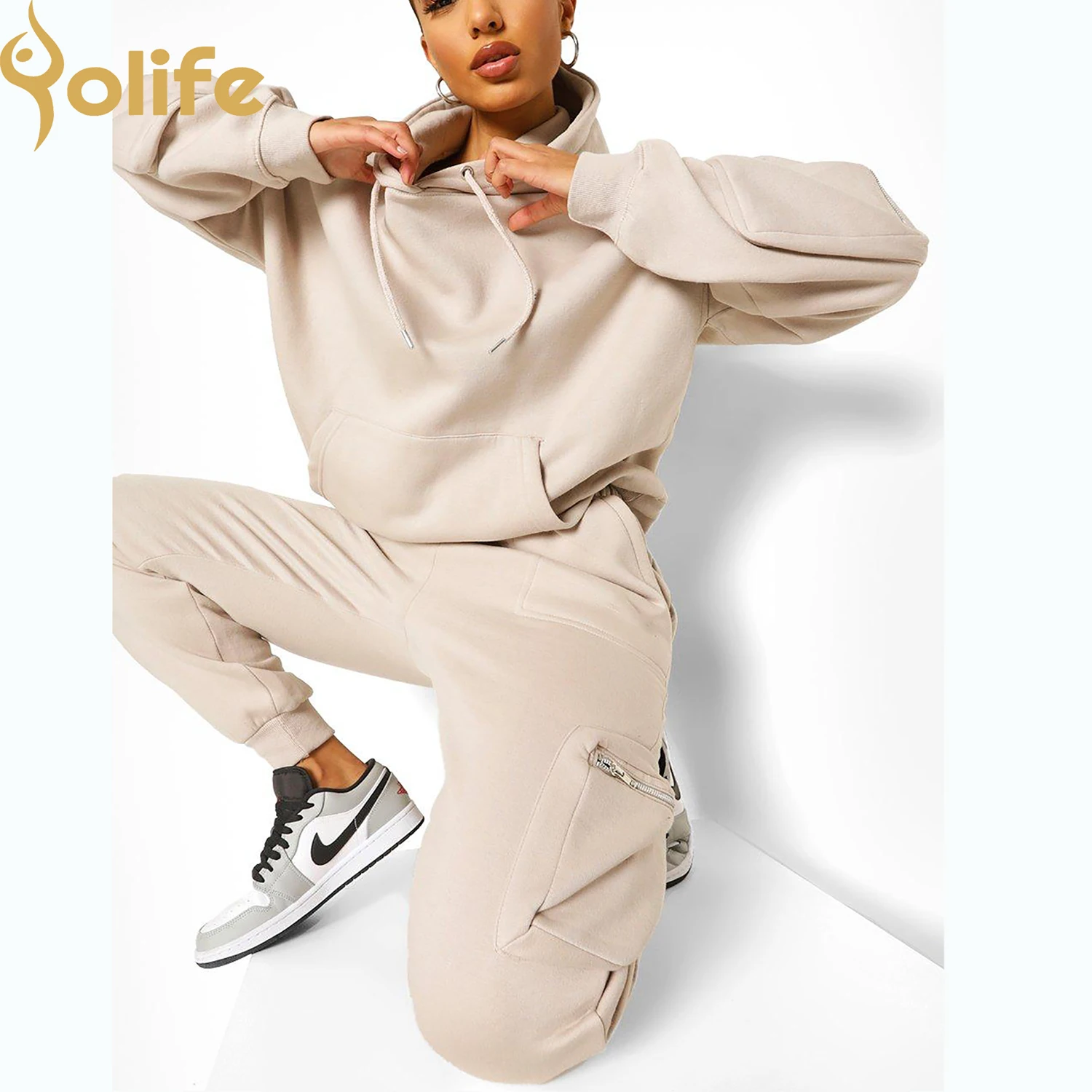 Yolife Custom 2 Piece Women Jogger Sets Jumper Gym Custom logo sweatpants set Unisex Oversize Hoodie tracksuit