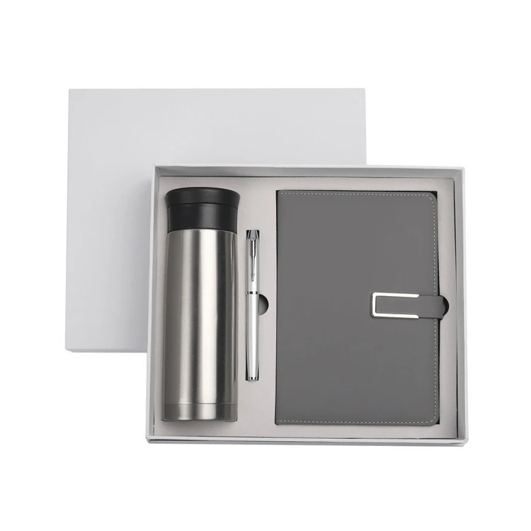Manufacture high end A5 leather notebook with vacuum cup and pen for business gift set