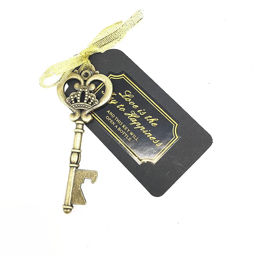 50pcs Metal Skeleton crown Key Bottle Opener with Tag Chalkboard Gold Ribbon Sticker Wedding Favor gifts souvenirs for Guests