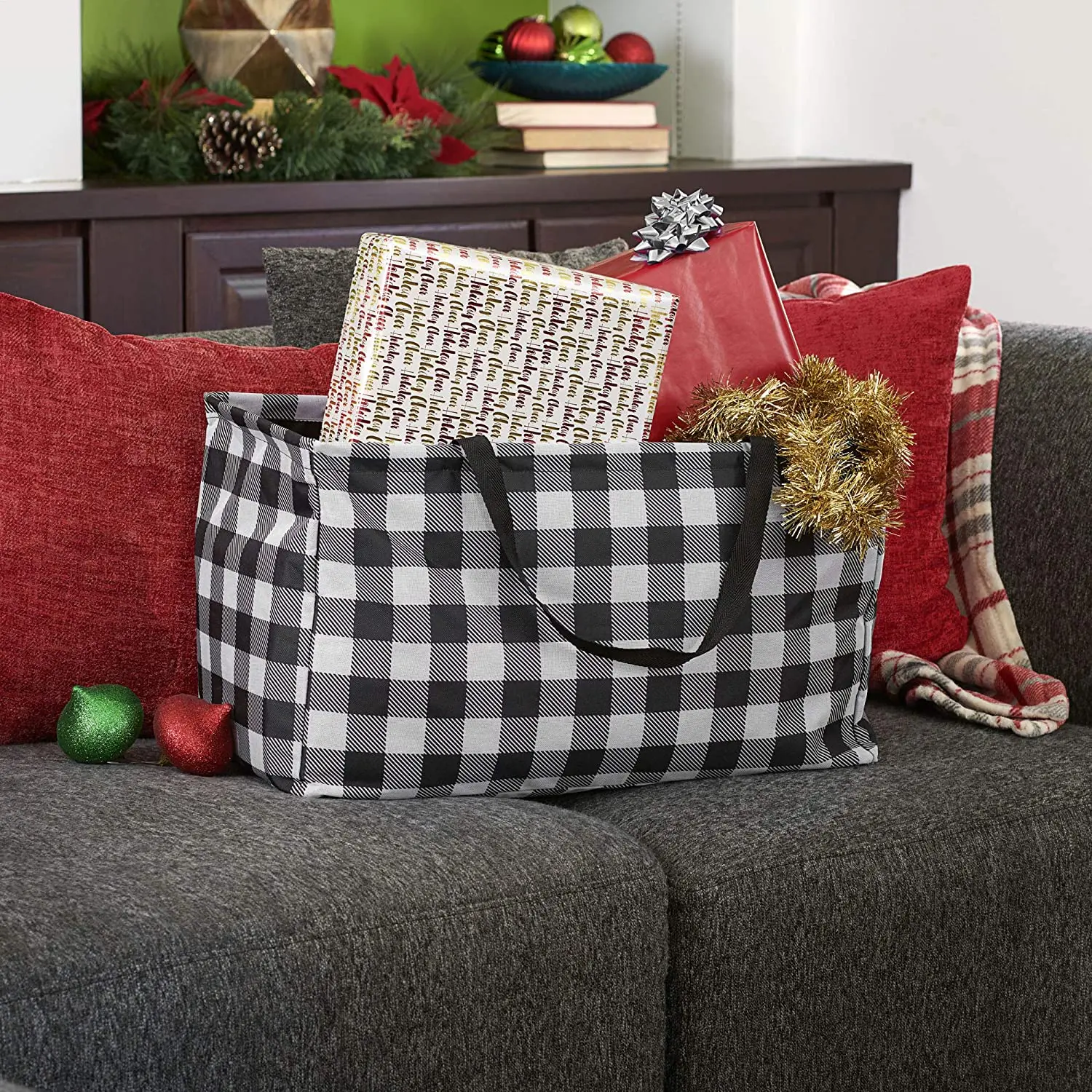 Collapsible and water resistant Natural Cotton Canvas Utility Tote Bag with Pockets Reusable Grocery Bag Black