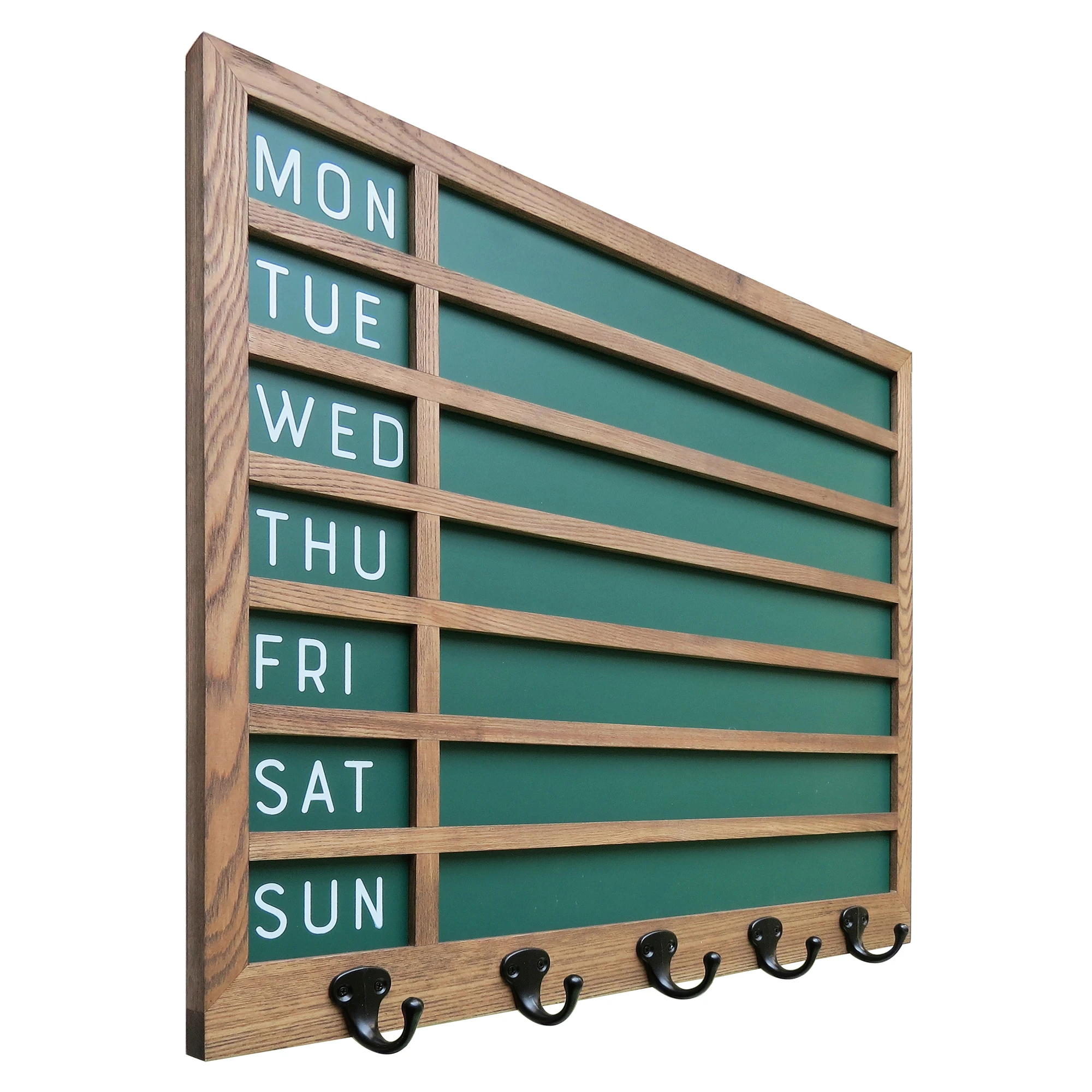 Wall Mounted Rustic Brown Wood Framed Weekly Menu Chalkboard Sign With  5 key Holder Hooks