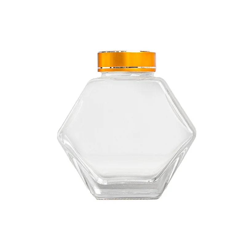 Wholesale Hexagon Glass Honey Container Honey Storage Bottle Glass Honey Jar With Metal Lid