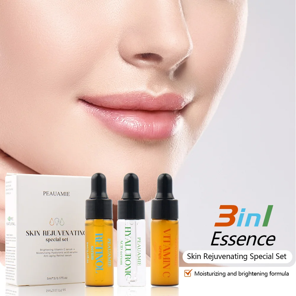 Private Label 3 In 1 Travel Skin Care Serum Sets Brightening Anti Wrinkle Vitamin A Hyaluronic Acid Vitamin C Face Serum