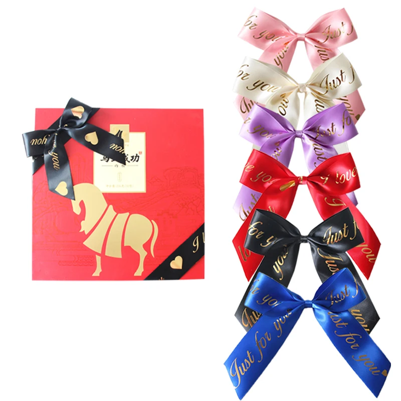 Factory Custom Wholesale Grosgrain Satin Ribbon Gold Foil Printed Logo Packaging Ribbon Bow