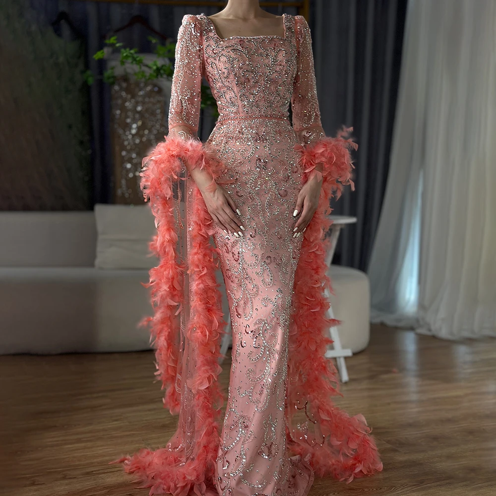 Flared Sleeves Mermaid Peach Beaded Feather Evening Dresses Serene Hill LA72767 Formal Party Gowns For Women