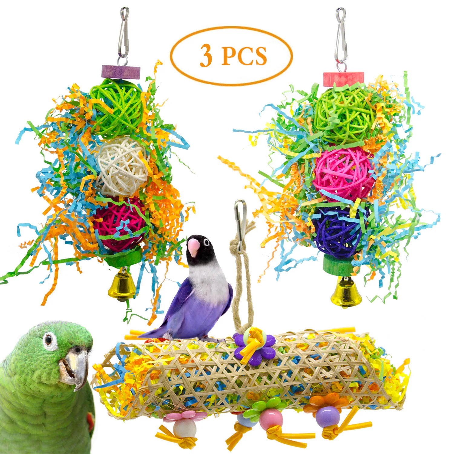MAHOO Amazon Hot sale 3 piece set of climbing rope stick color swinging drawing bell string parrot combination bird toy