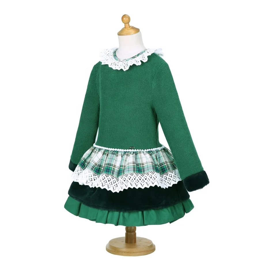 OEM Pettigirl Green Fancy Dress Hollow-out Lace Round Collar Knit Girl Child Sweater Dress