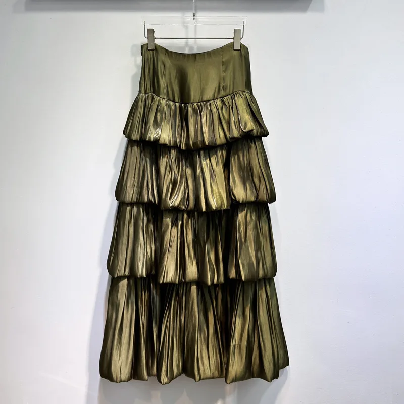 New 2025 Spring Long Skirt High Quality Women High Waist Cascading Ruffle Flower Patterns Long Maxi Skirt Green Black Party Wear