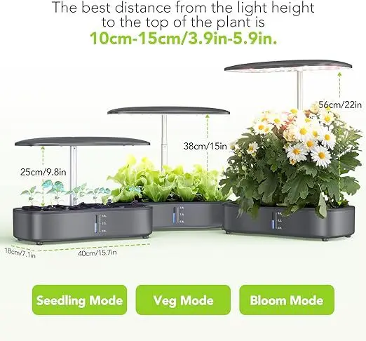 12-Pod Hydroponic Indoor Garden System with LED Grow Lights, Height Adjustable Planters, and Auto Timer for Herbs and Plants