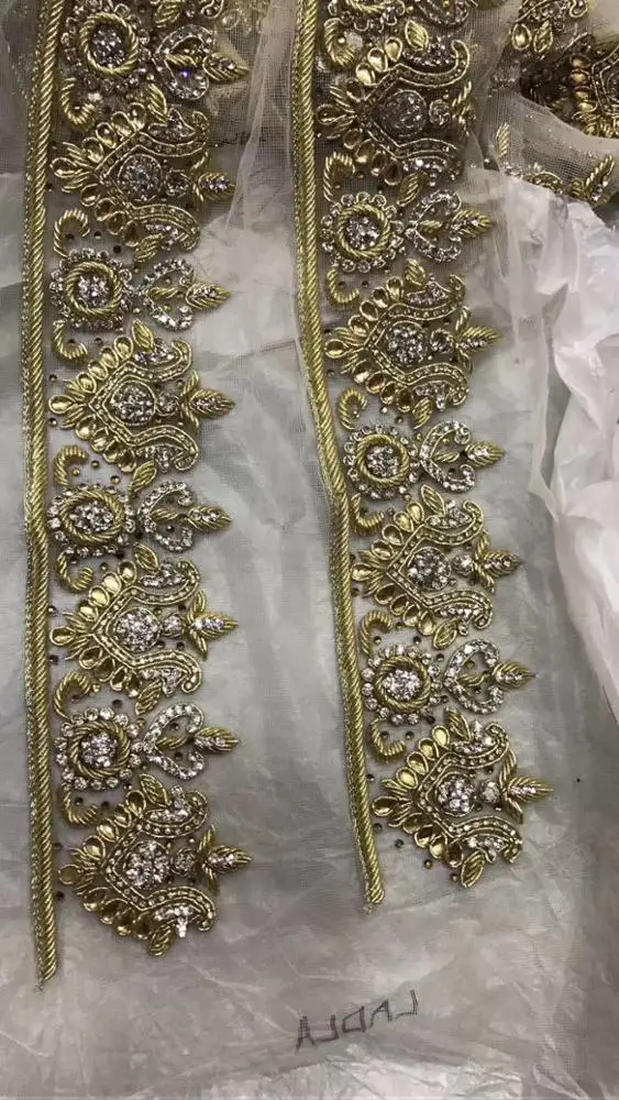 
India handmade zardozi stone design bullion wire applique 3d Tulle Net Bead Glitter Gold Lace trim 