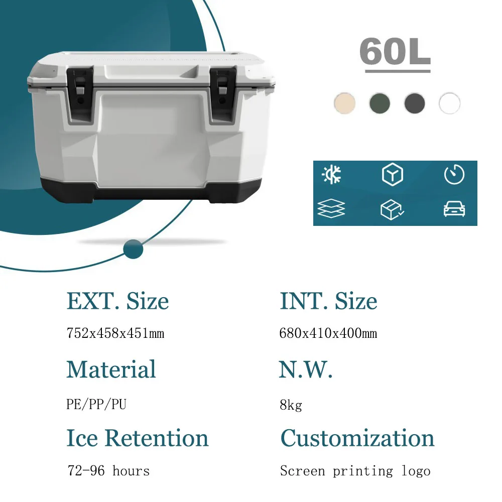 GRASSFIT New Design OEM Outdoor Camping Picnic Fresh Food Beer Waterproof Large Capacity Portable Car Ice Chest 60L Cooler Box