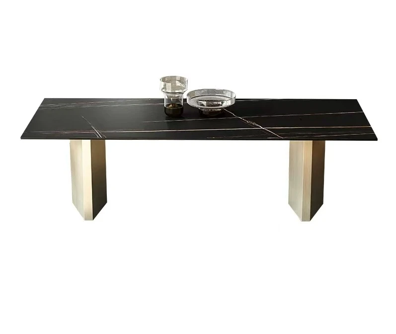 High-end Hotel Design Gold Dining Table Set Light Luxury Home Furniture Slate Dining Table