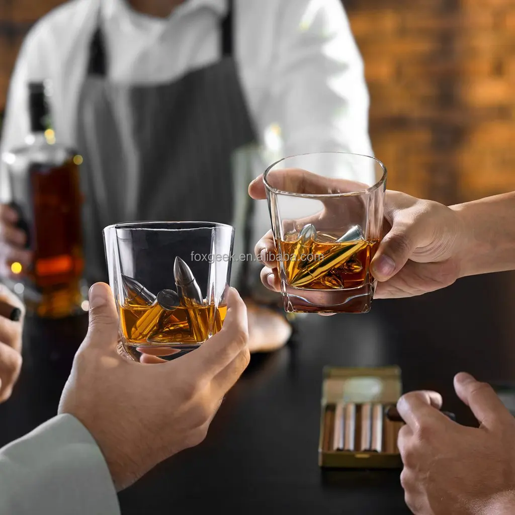 Whiskey Stones Bullet Set of 6 Ice Cubes in Whiskey Barrel  304 Stainless Steel Chilling Stone Laser Engraving Factory