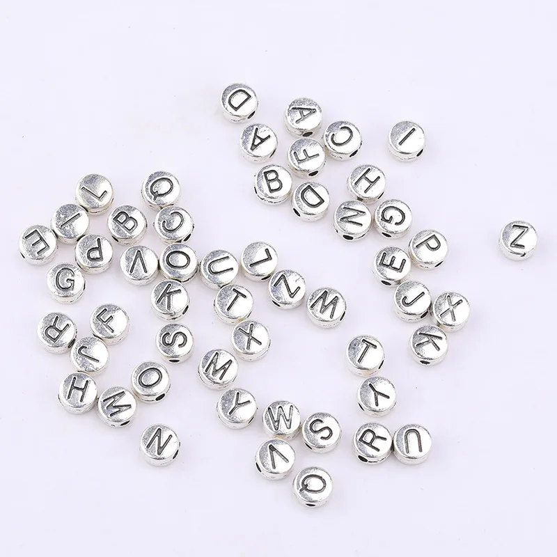 4 x 7mm Mix Beads Round Letter Beads Vintage Alphabet Alloy Letter Beads - Silver