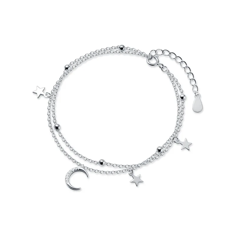 Sweet temperament 925 Sterling Silver fashion jewelry bracelet double layer summer star moon bead braceletes