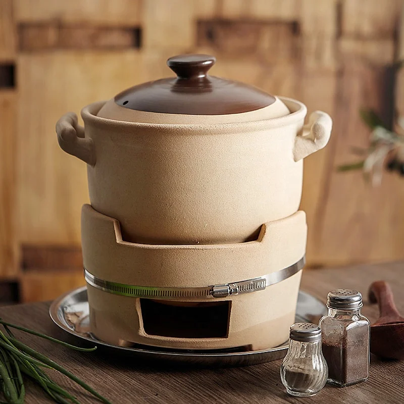 Household Old Fashioned Clay Fire Stewed Casserole Chrcoal Stove Barbecue Stove with Stainless Steel Baking Tool