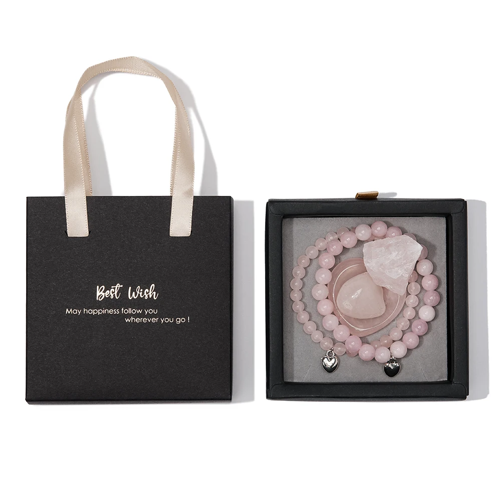 Hot Sale Gemstone Set Yoga Meditation Reiki 6mm 8mm Opalite Crystal Bead Bracelets Heart Love Worry Stone Set with Gifts Box Bag