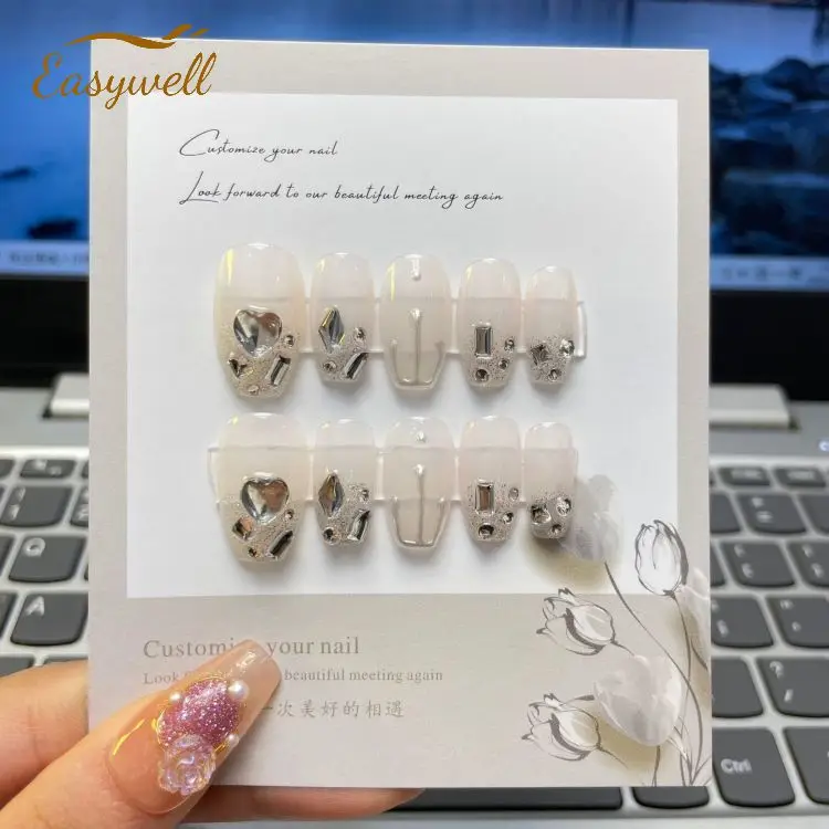 Custom handmade French White Stars Shining Sequins Gel Nails Diamond Press On Full Cover Acrylic Finger Nail Tips