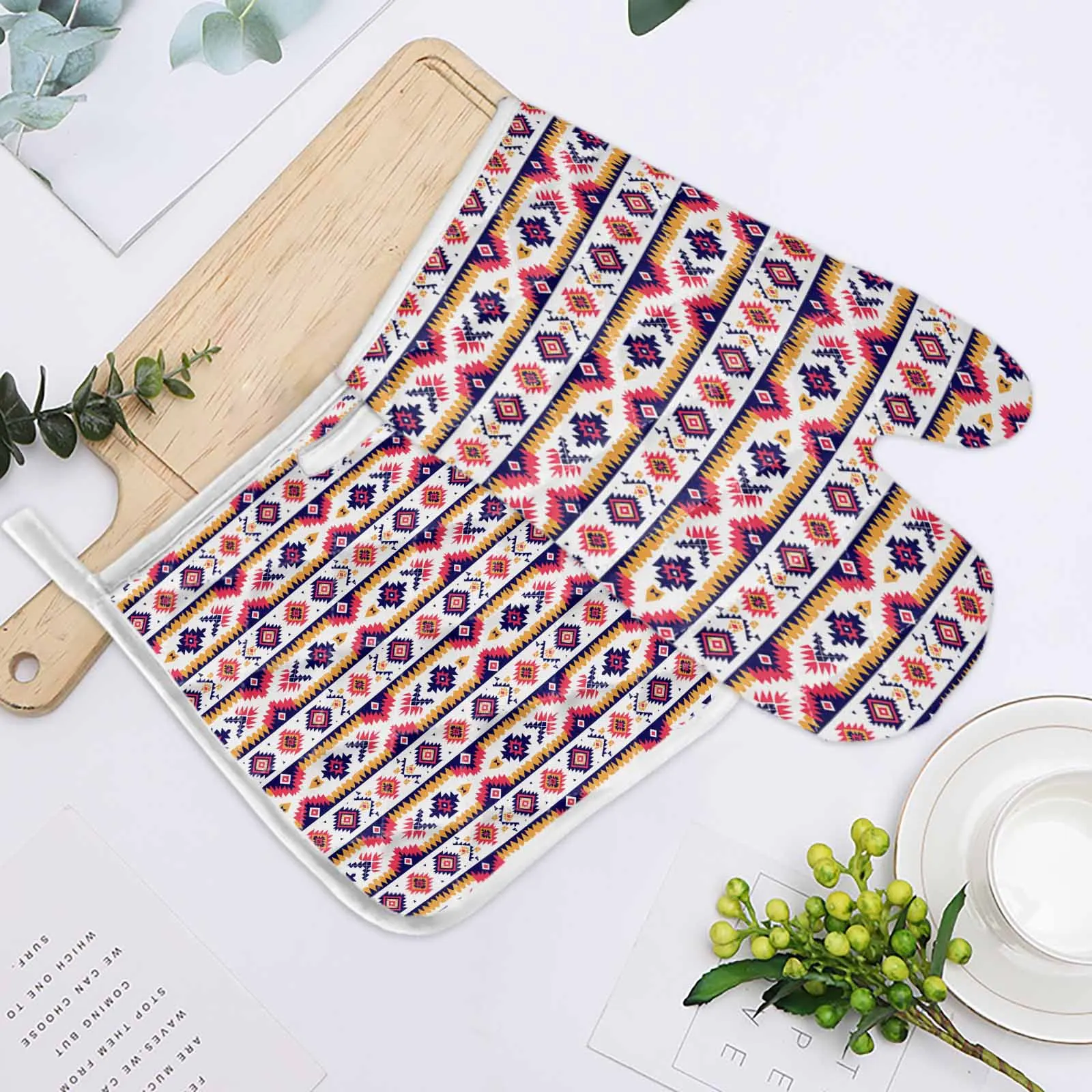 Oven Mitts and Pot Holders Set Heat Resistant Glove Potholders Ethnic Striped BBQ Hot Pads Cooking for Kitchen Baking Grilling