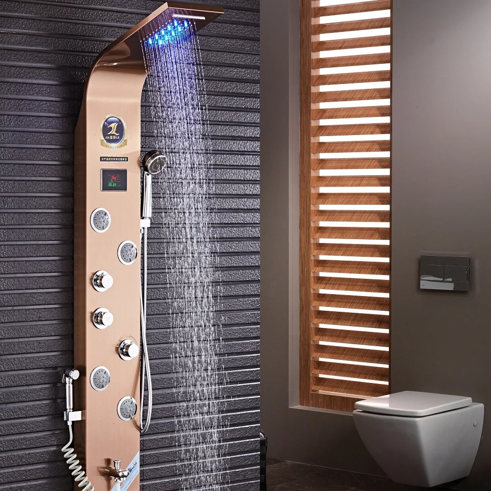 Own design OEM multi function stainless steel bathroom rainfall system led light douche digital shower tower panel