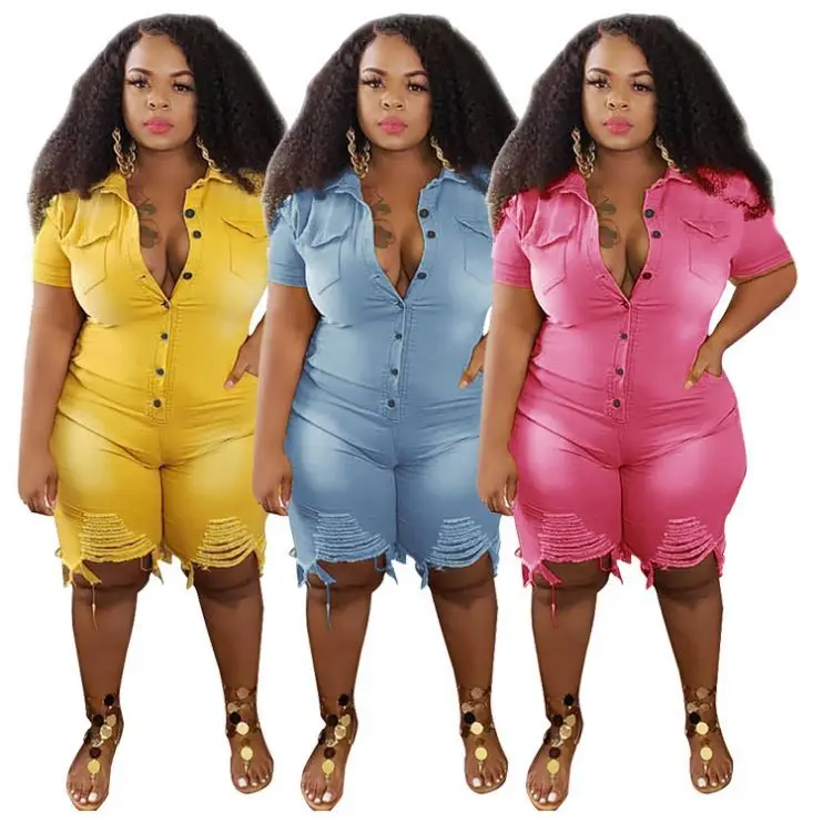 fashion ladies high waisted rompers shorts women ripped jeans jumpsuit plus size women denim jumpsuit