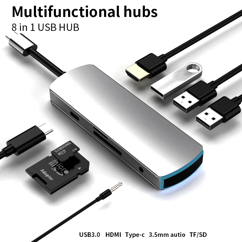 Кабель с разъемом usb типа c концентратор 8 в 1 USB3.0 * 3 HD-MI AUDIO3.5mm SD TF PD • быстрая зарядка