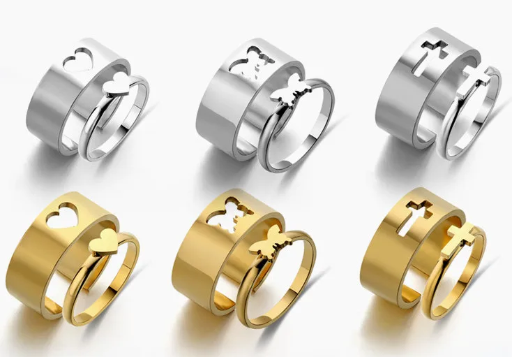 Punk Hiphop Trendy Stainless Steel High Polished 18K Gold Plated Couple Hollow 2pcs/set Heart Cross Ring For Men And Women
