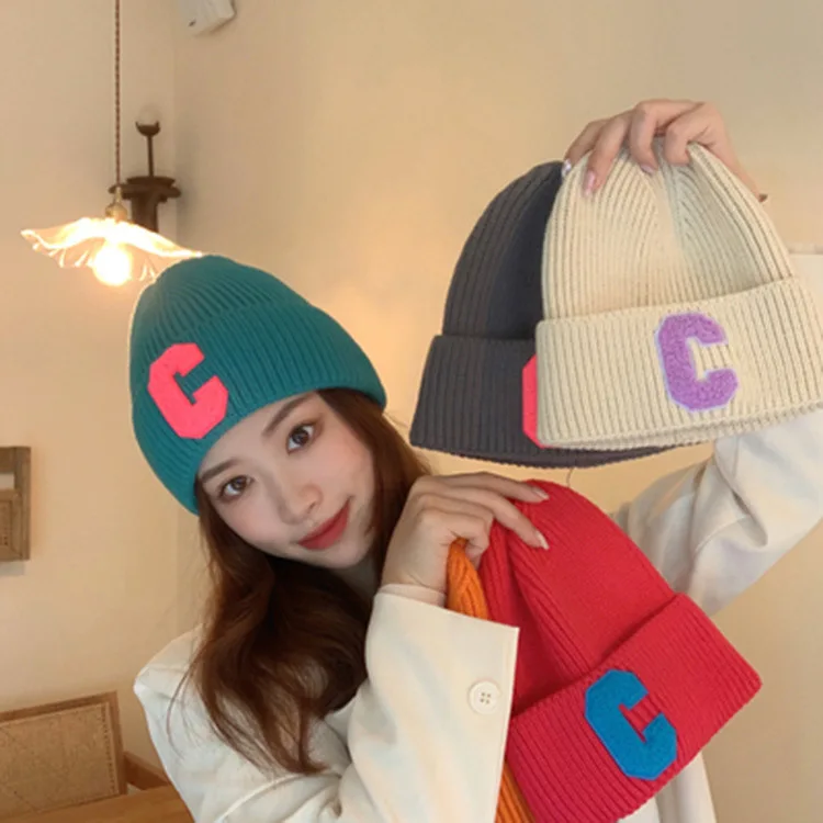 New Korean style simple large C letter wool hat autumn hat warm ear protection knitted hat