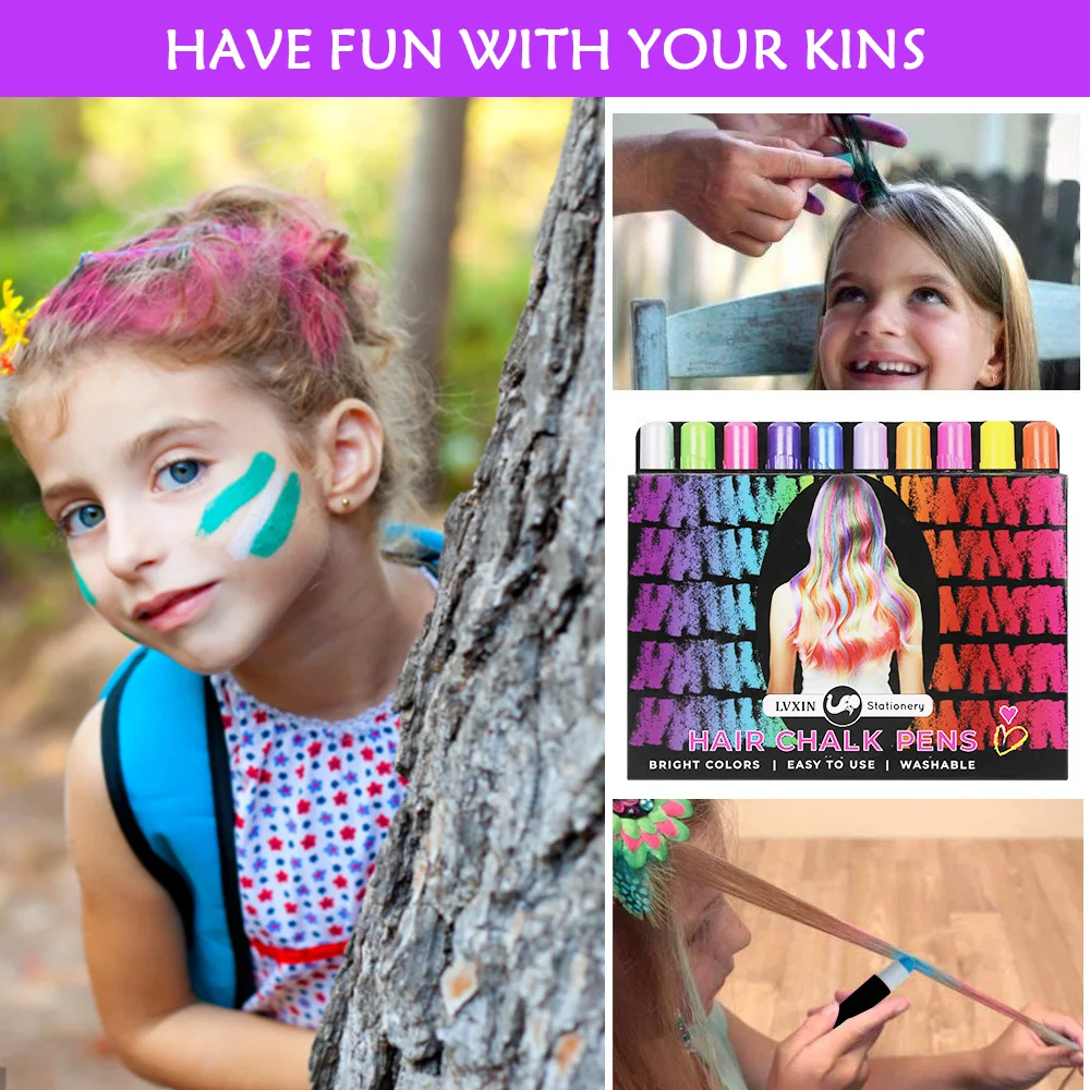 Custom Classic temporary disposable washable festival costume play 10 color hair chalk set for girls gift