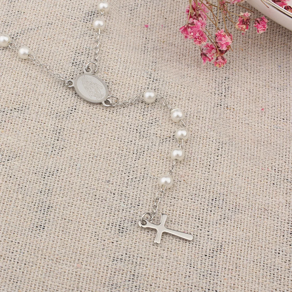 Long Pearl Stainless Steel Virgin Mary Christian Jesus Cross Pendant Divine Mercy Rosary Beads Necklace