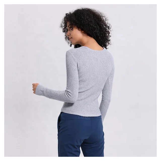 
Women Long Sleeves Sports Tracksuit Skinny V Neck Woolen T Shirt Winter T Shirt With Custom Logo 